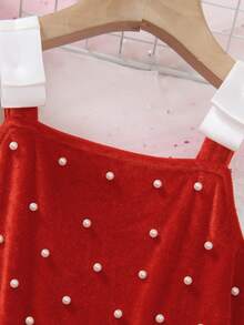 1pc Young Girl Vintage Red Square Neck Sleeveless Dress, Decorated With White Bow Straps And Pearl Buttons, A-Line Silhouette With Lustrous Fabric, Suitable For Birthday Party, Ceremony, Holiday, Park, Spring/Summer Outing, Back To School Red Dress For Girls Velvet Dress For Girls Red Junior Bridesmaids Dress - Red - View 4