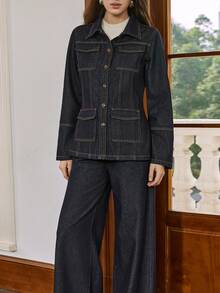 Dazy-Less 女士翻领单排扣长袖夹克，带口袋和纽扣，阔腿牛仔裤休闲套装，适合日常穿着，商务休闲女装 - 藍色 - 查看 2