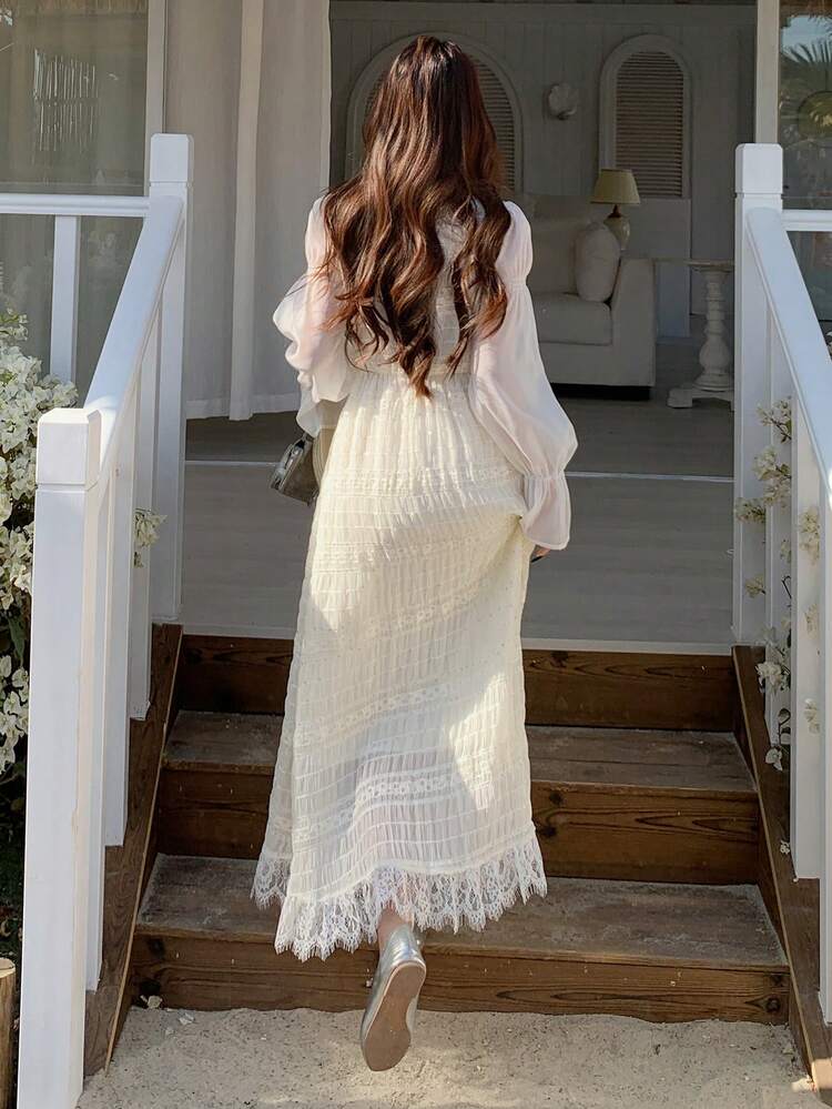 Women's Romantic Lace Trim Long Sleeve Midi Dress Sundress