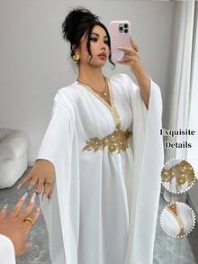 SHEIN Elenzya 金色滚边装饰优雅收腰修身中长连衣裙 - 白色 - 查看 3