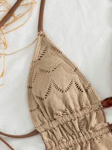 Swim SXY 女士夏季度假沙滩镂空串珠露背吊带背心式泳衣套装 - 卡其色 - 查看 6