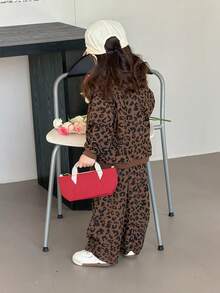 DAZY 2 st set med leopardmönster, tröja och lösa byxor för babyflickor, vår/höst - Brun - Visa 10