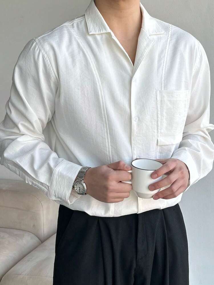 Men's Solid White Front Button Pocket Commuter Shirt, Spring/Summer Long Sleeve Tops Women