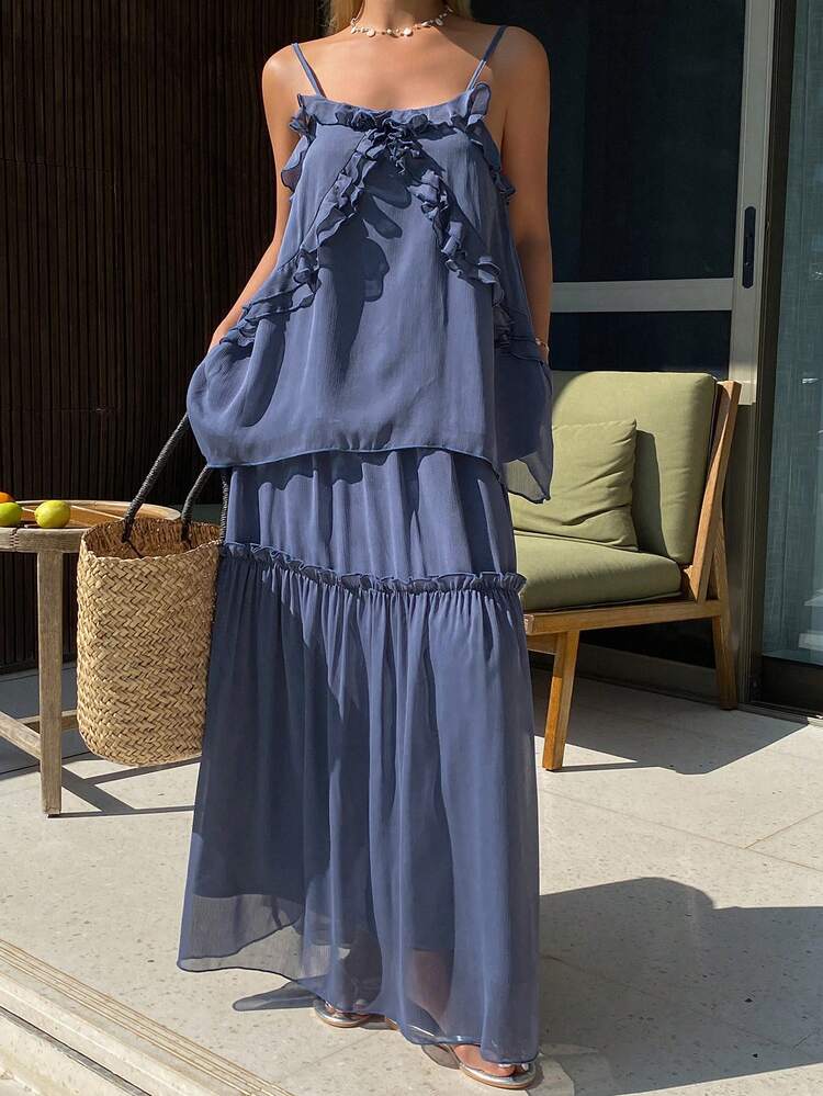 2pcs Women Chiffon Floral Lace Trim Loose Camisole & Long Flared Skirt Set, Casual Vacation Outfit, Spring/Summer Cruise Outfit For Women