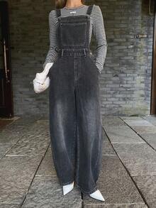 DAZY 西部牛仔风宽松做旧背带裤，休闲街头风牛仔背带裤/连体裤，女士春秋季款 - 灰色 - 查看 1