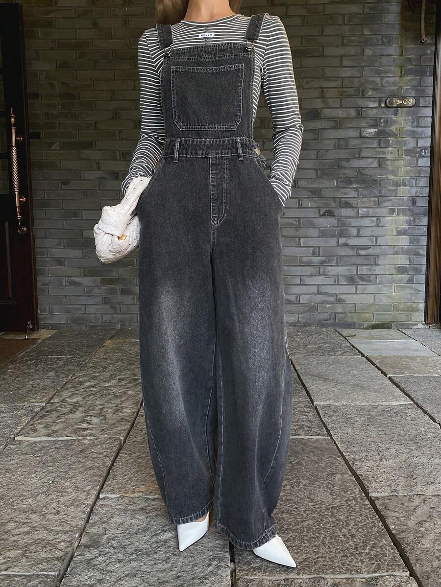 DAZY 西部牛仔风宽松做旧背带裤，休闲街头风牛仔背带裤/连体裤，女士春秋季款 - 灰色 - 查看 1