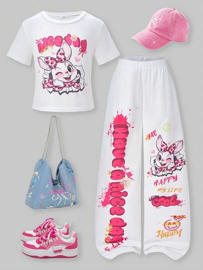 SHEIN ChillGRL 2件套少女甜美可爱印花圆领短袖T恤+宽松休闲印花阔腿裤套装，适合日常、通勤、休闲、度假、聚会、街拍、春夏穿着。