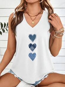 SHEIN LUNE Casual Versatile Blue Faux Mechanical Heart Graphic V-Neck Tank Top For Women, Suitable For Summer Spring - White - View 3