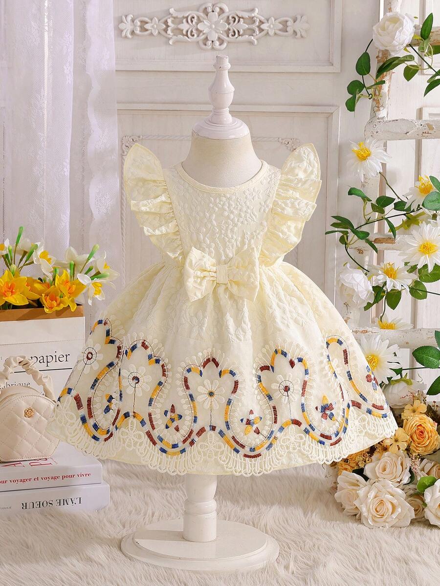 Baby Girls' Summer White Princess Style Butterfly Decor Ruffle Sleeve Dress, Elegant Floral Trim, Suitable For Outings, Photo Shoots, And Parties - Apricot - View 1
