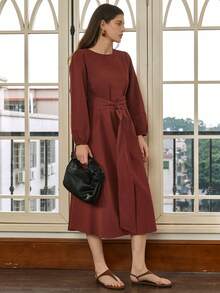 Dazy-Less 女士优雅前系带灯笼袖长连衣裙，秋季商务休闲女式吊带裙 - 棕色 - 查看 8