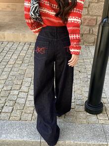 DAZY 女士/女孩休闲蝴蝶结刺绣水洗牛仔裤 - 藍色 - 查看 4