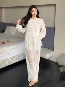 DAZY Bohemian Style Floral Embroidered Lightweight Women Pajama Set - White - View 5