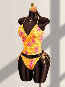 Zestiva Women's Summer Vacation Casual Beach Wear Tropical Floral Print Strapless Bandeau Tied Camisole Strap Bikini Lace Trim 2-Piece Swimsuit Set - Multicolor - View 4