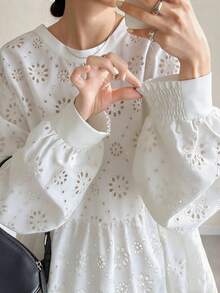 FRIFUL Women's Round Neck Burnout Embroidery Ruffle Splice Fashion Lantern Sleeve Long T-Shirt - White - View 5