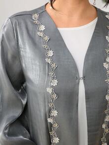 SHEIN Najma Lace Trim Patchwork Long Sleeve Flared Women's Abaya - Dark Grey - View 5