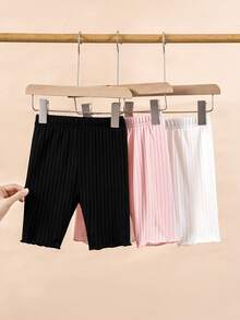 Conjunto de 3 calças curtas infantis femininas, estilo Y2K, básicas e casuais, em malha canelada, nas cores preto, rosa e branco, modelagem slim, elásticas e macias. Perfeitas para férias de verão, praia e primavera. - Multicolorido - Ver 6