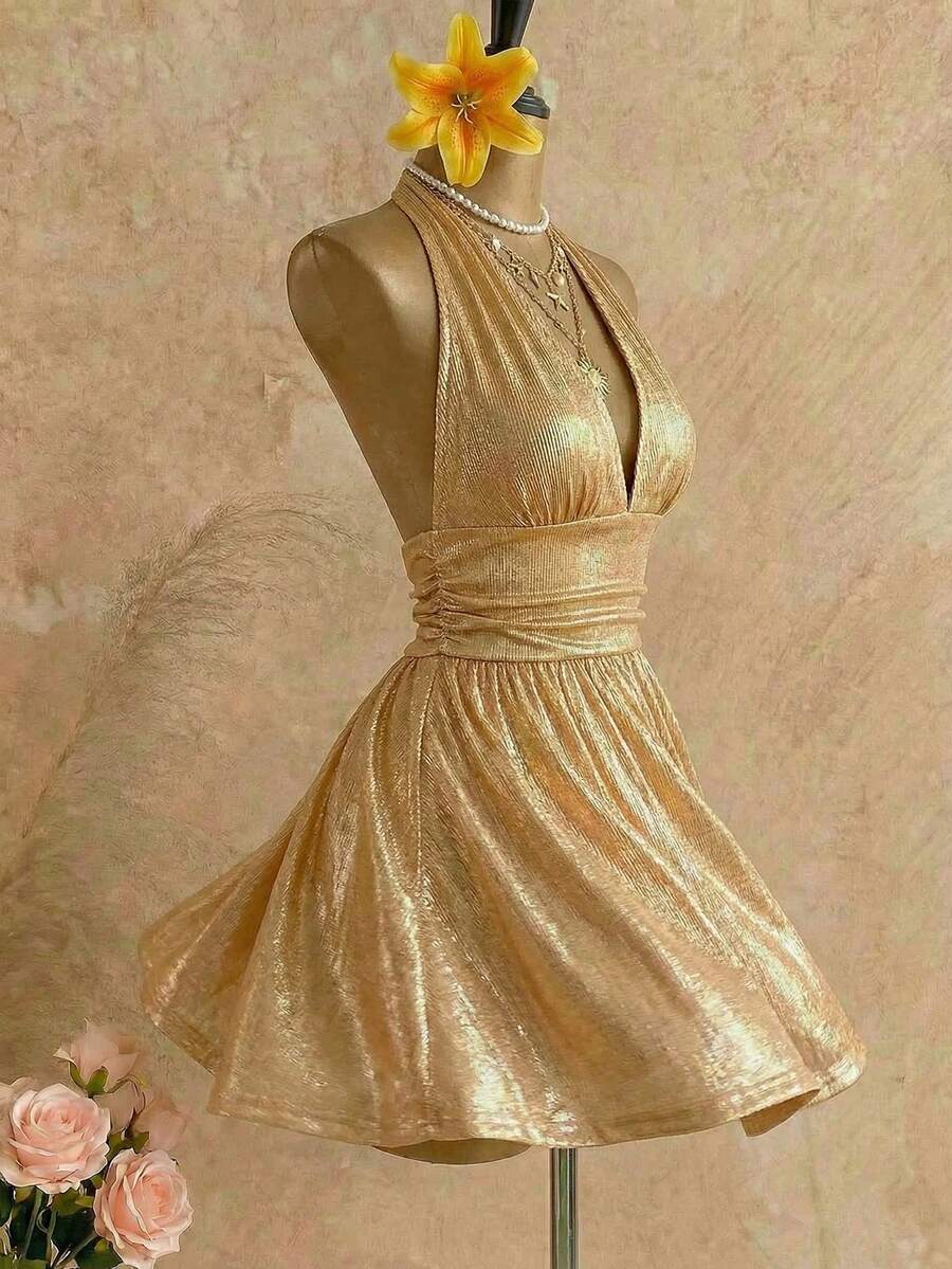 SHEIN MOD 女士V领紧身金色连衣裙 - 金色 - 查看 1