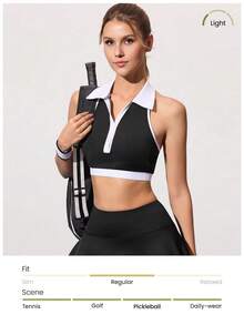 CourtClass Women's Contrast Trim Sleeveless Cropped Half-Zip Sports Bra - Black and White - View 3