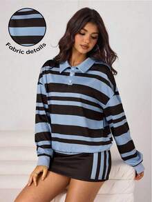 Aidyla Women's Casual Commuting Contrast Stripe Print Loose Polo Shirt And A-Line Skirt 2-Piece Set, Spring/Summer/Autumn - Multicolor - View 3