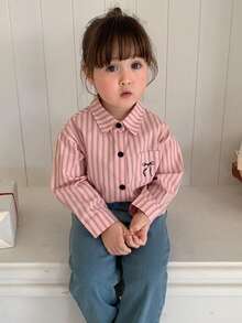 DAZY 女婴/幼儿翻领条纹韩版蝴蝶结印花长袖衬衫 - 粉色 - 查看 7