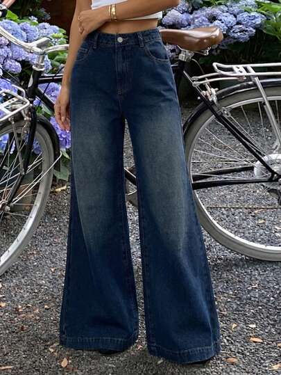 Aloruh Quần jeans nữ ống rộng màu trơn, túi xéo, kiểu dáng thường ngày, đa năng.