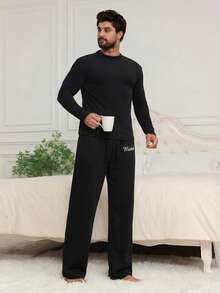 DAZY Men's Spring Letter Print Elastic Waist Long Lounge Pants - Black - View 1