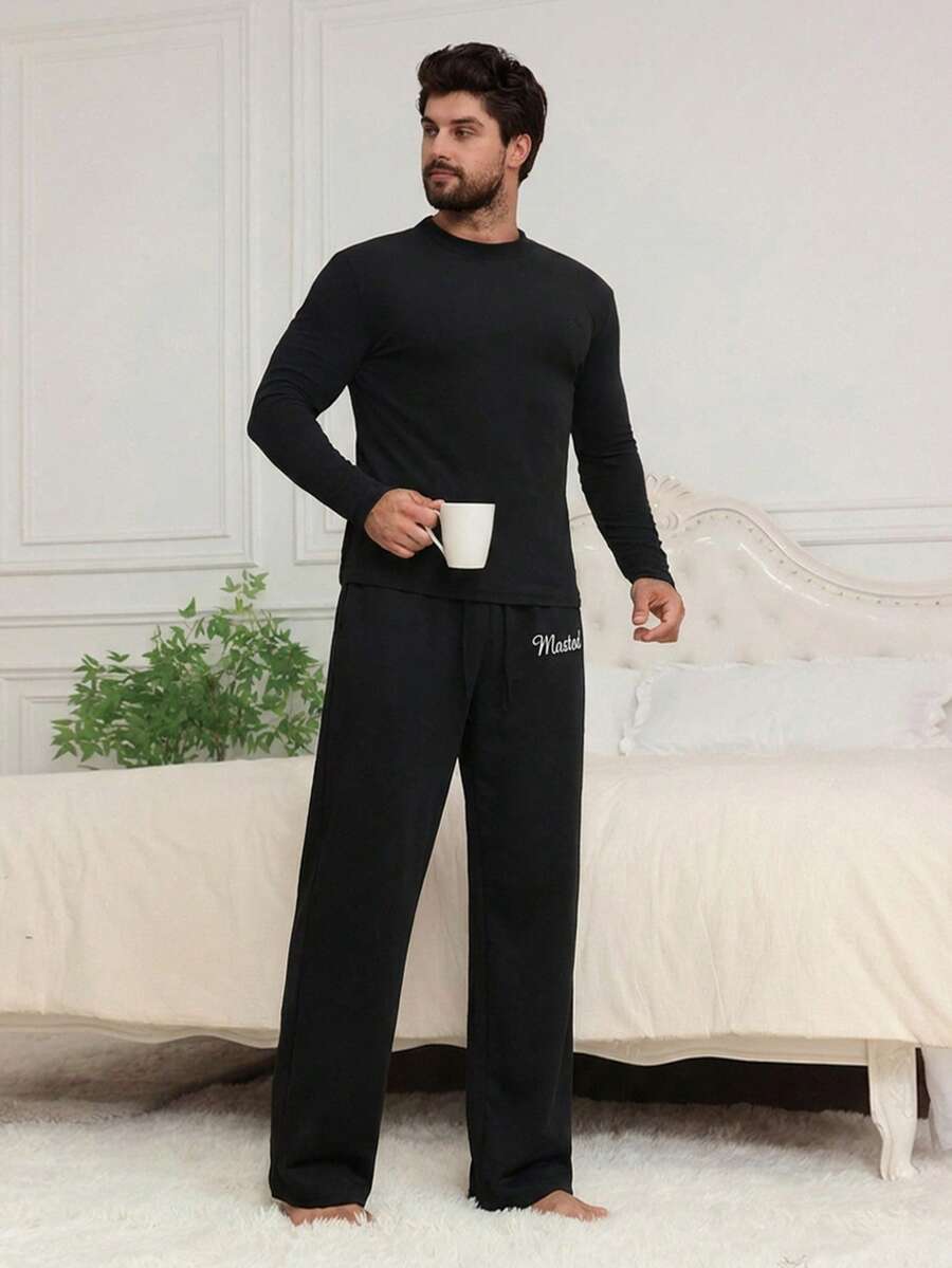 DAZY Men's Spring Letter Print Elastic Waist Long Lounge Pants - Black - View 1