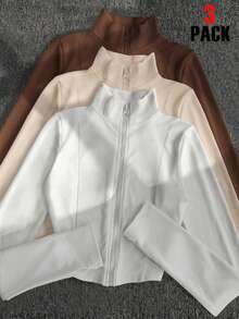 SHEIN 3件套女士休闲拉链外套，白色、咖啡色、杏色，修身长袖轻薄外套，适合户外运动、旅行、送礼 - 彩色 - 查看 1