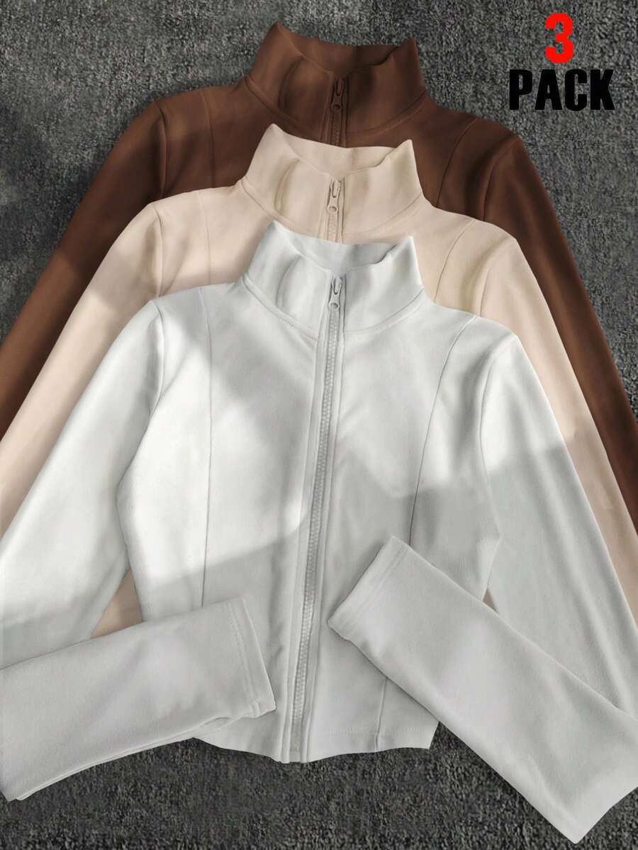 SHEIN 3件套女士休闲拉链外套,白色、咖啡色、杏色,修身长袖轻薄外套,适合户外运动、旅行、送礼 - 彩色 - 查看 1