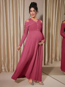 Momance Exposed Shoulder Long Sleeve Button Decor Ribbed A-Line Midi Dress, Spring/Autumn - Hot Pink - View 6