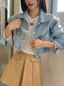 DAZY 翻领双口袋金属单排扣宽松长袖短款女士牛仔夹克外套 - 淺色水洗藍 - 查看 11