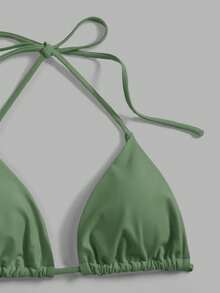 Swim Mod Solid Color Halter Spaghetti Strap Triangle Bikini Swimwear, Summer Holiday Beach Holiday Sage Green - Olive Green - View 5