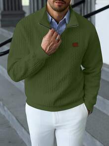 Manfinity CasualCool 男士休闲纯色纹理拉链立领卫衣，男士秋季新款纯白色简约休闲拉链套头卫衣，男士穿搭，日常通勤、旅行百搭单品 - 軍綠色 - 查看 4