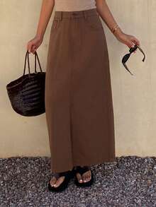 DAZY 女士休闲水洗牛仔A字裙，春夏款 - 咖啡棕 - 查看 3