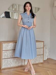 DAZY 女士优雅条纹无袖衬衫裙，中长款连衣裙 - 藍色 - 查看 11