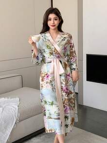 DAZY Satin Abstract Nature Print Color Block Long Robe For Women - Mint Blue - View 3