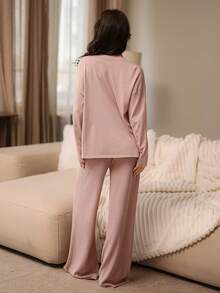DAZY 3件套针织蕾丝珍珠纽扣装饰吊带背心、睡袍和睡裤女士睡衣套装，秋冬款 - 粉色 - 查看 2