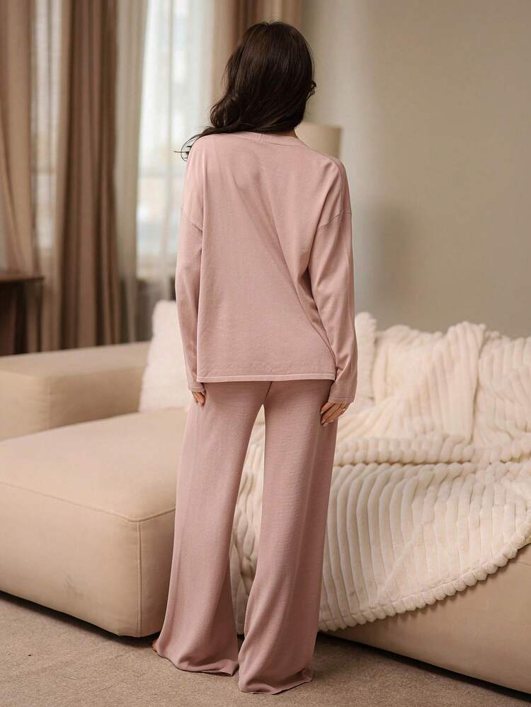 3pcs Set Knitted Lace Pearl Button Decor Camisole, Robe & Pants Women Sleepwear Suit, Autumn/Winter