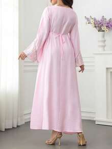 Al Najma Colorful Embroidered & Sequin Decor Flared Hem Arabic Style Dress With Round Neck & Bell Sleeves - Pink - View 3