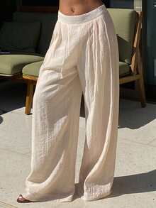 DAZY 女士宽松阔腿裤，优雅度假装，春秋季 - 杏色 - 查看 3