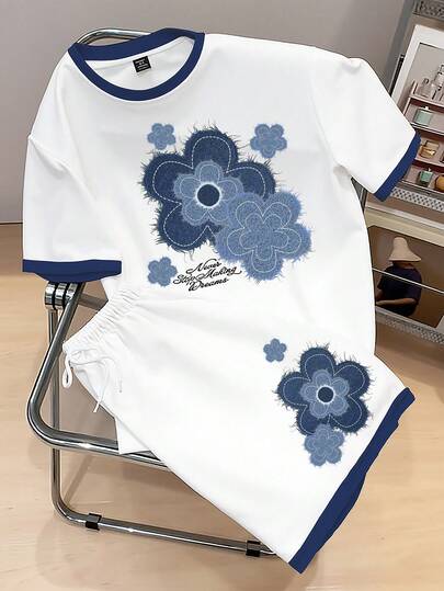 Manfinity Joysei Conjunto de camiseta de manga corta con cuello de contraste y estampado floral y de letras, y pantalones cortos con cordón en la cintura, para hombre. Adecuado para uso diario y vacaciones, verano.