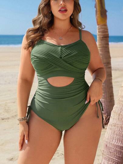 Swim Lushoire 大码女士纯色拼接吊带连体泳衣，适合海滩穿着
