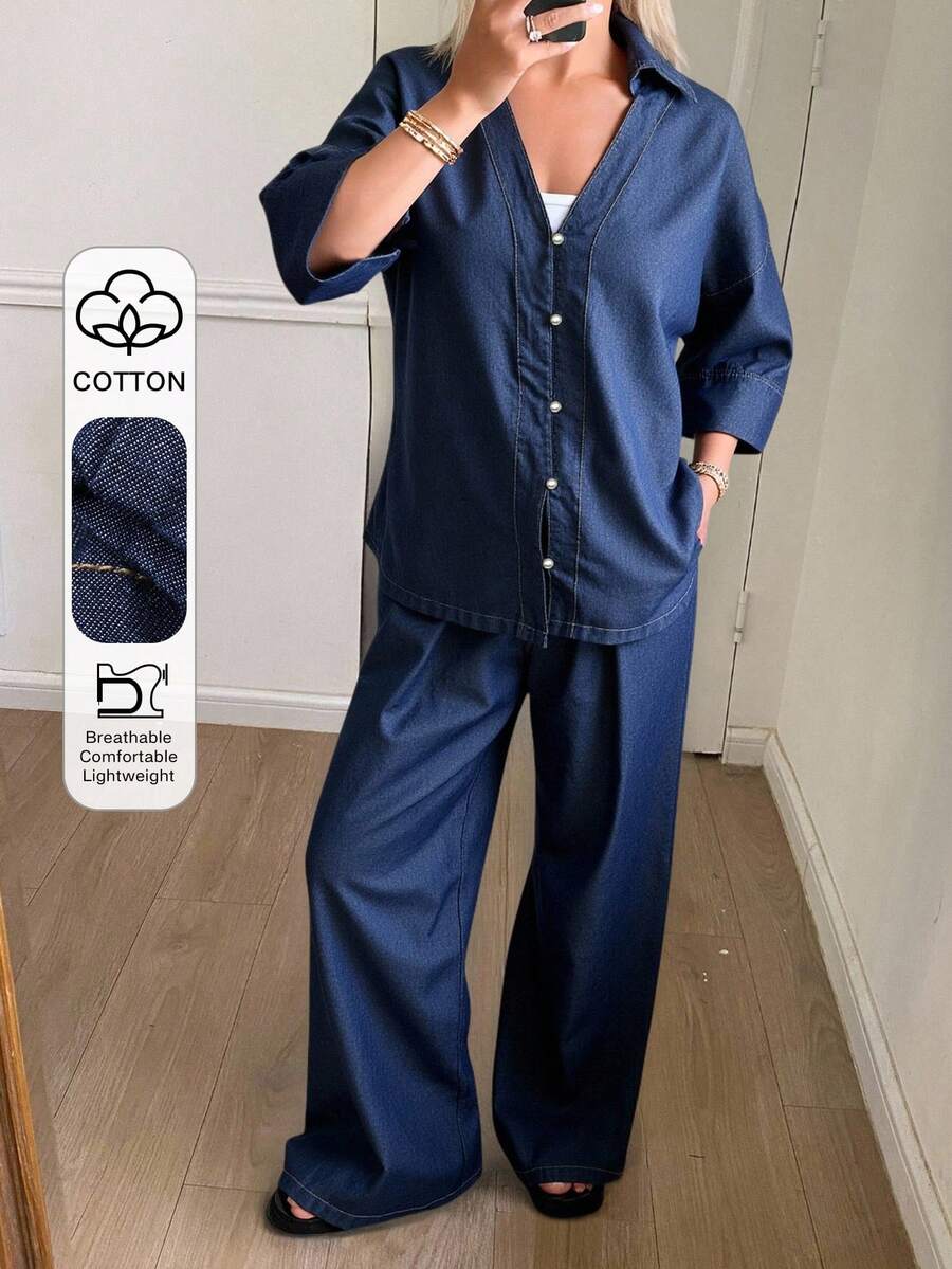 Livesso Women's Casual Denim Shirt Collar Short Sleeve Top And Pants Set - Dark Wash - View 1