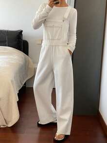 Livesso Peto vaquero de pierna ancha de unicolor y bolsillos para mujer - Blanco - Ver 4