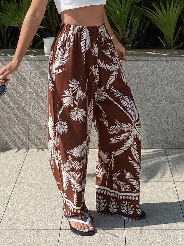 Botanical Print Loose Straight Leg Women Pajama Bottoms