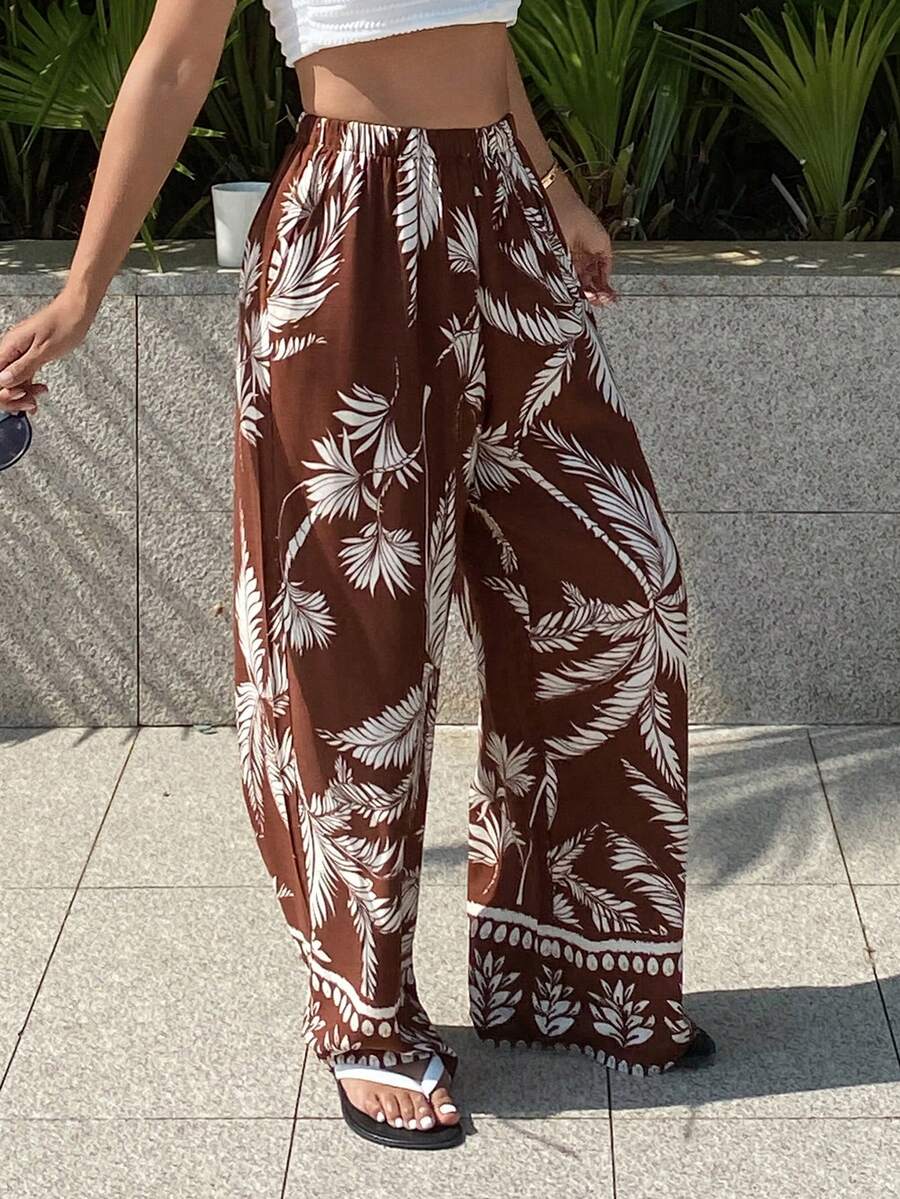 DAZY Botanical Print Loose Straight Leg Women Pajama Bottoms - Brown - View 1