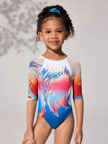 Young Girls' Gymnastics Leotard, Professional Sports Gymnastics Dance Mesh Sleeve High Stretch Breathable Purple Sparkly Pattern Rhinestone Bodysuit - Multicolor - View 4