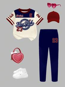 2pcs/Set Baby Girls Casual Vintage Letter & Number Badge Graphic Round Neck Short Sleeve T-Shirt & Leggings Set, Fashion Outfit For Spring/Summer - Multicolor - View 4