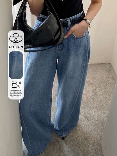 DAZY Vintage Blue High Waist Loose Straight Leg Draped Jeans For Women