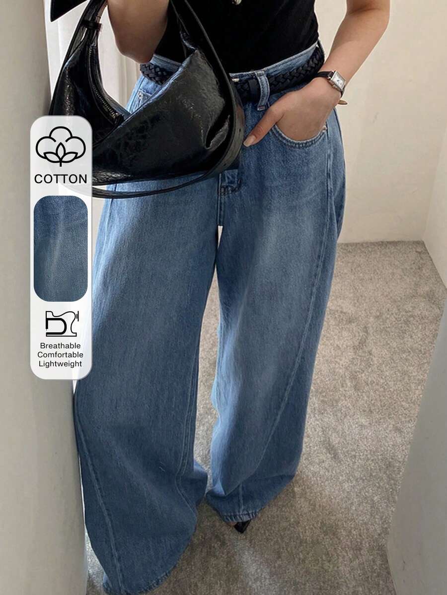 DAZY Vintage Blue High Waist Loose Straight Leg Draped Jeans For Women